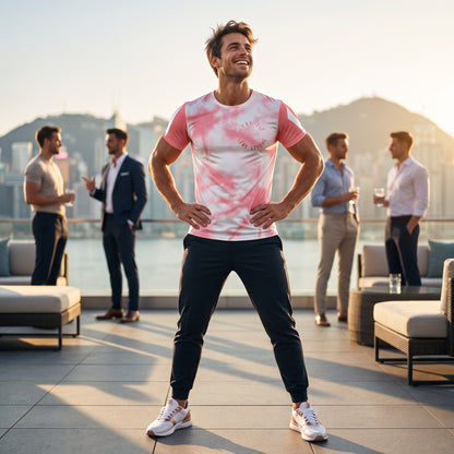 Good Wishes 365 men's pink tie-dye athletic t-shirt with Stay Fit Stay Strong graphic worn by a man on a city rooftop