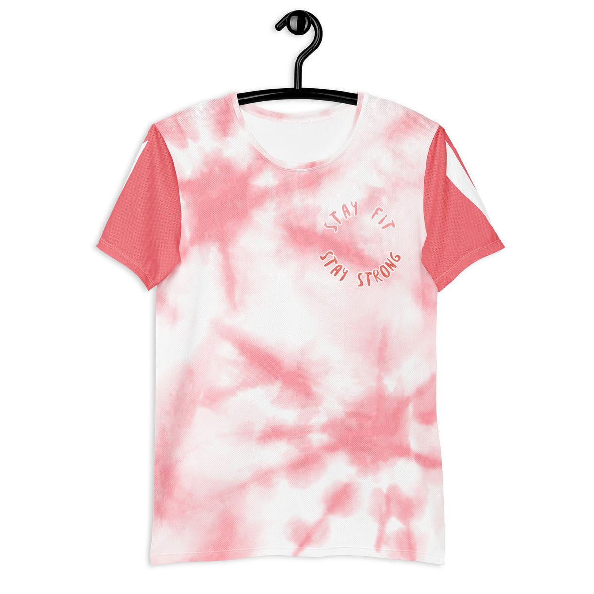 Good Wishes 365 men's pink tie-dye athletic t-shirt with Stay Fit Stay Strong graphic on a black hanger