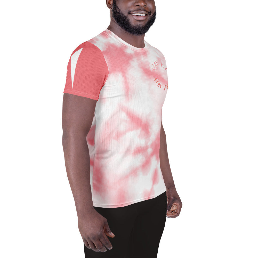 Good Wishes 365 men's pink tie-dye athletic t-shirt with Stay Fit Stay Strong graphic on moisture-wicking fabric