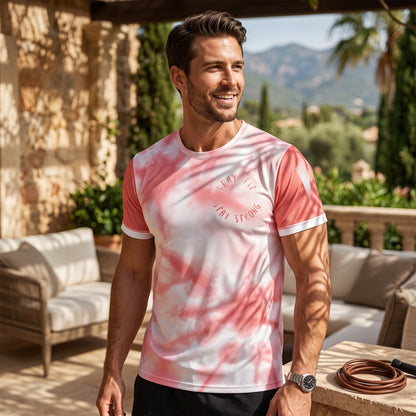 Good Wishes 365 men's pink tie-dye athletic t-shirt with Stay Fit Stay Strong graphic on a smiling man outdoors