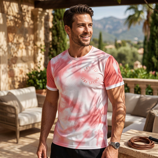 Good Wishes 365 men's pink tie-dye athletic t-shirt with Stay Fit Stay Strong graphic on a smiling man outdoors
