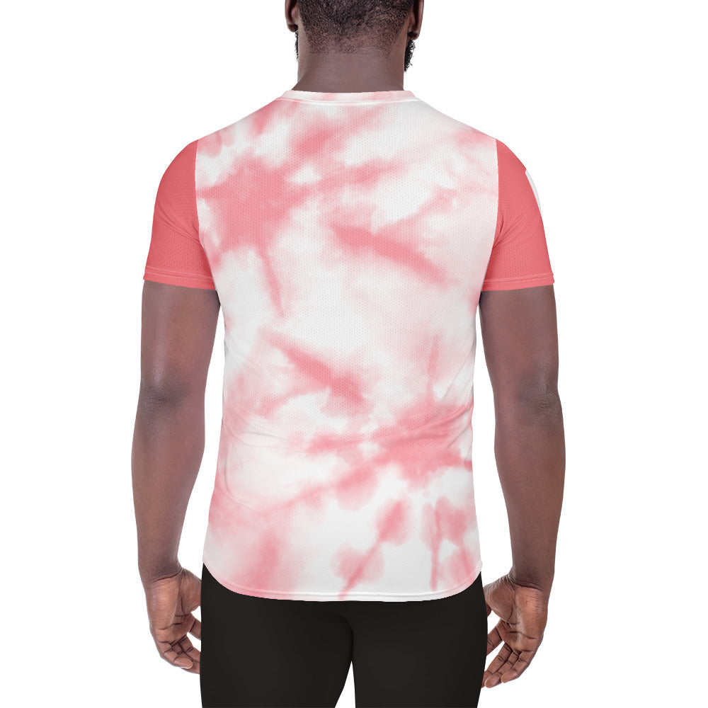 Good Wishes 365 men's athletic t-shirt in pink tie-dye print, back view showing moisture-wicking fabric