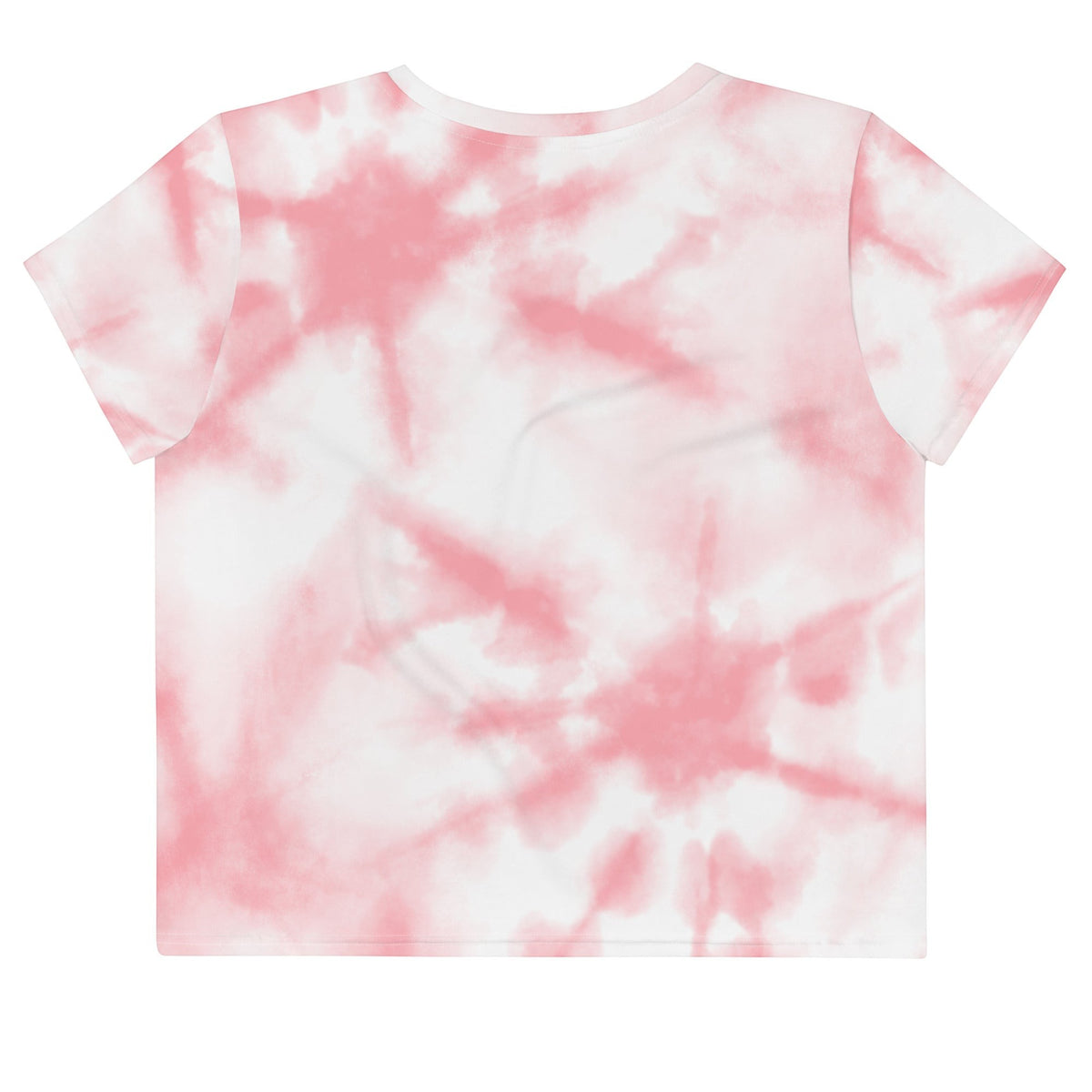 Good Wishes 365 pink and white tie-dye crop top t-shirt with short sleeves and a crew neck, back view.