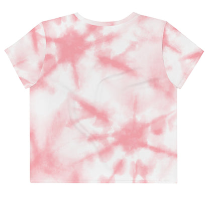 Good Wishes 365 pink and white tie-dye crop top t-shirt with short sleeves and a crew neck, back view.