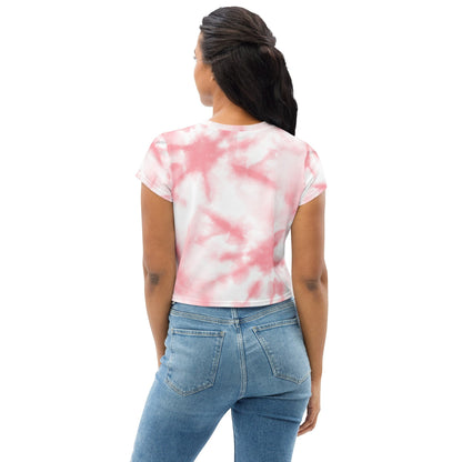 Good Wishes 365 pink and white tie-dye crop top t-shirt worn by a woman, back view showing short sleeves and crew neck.