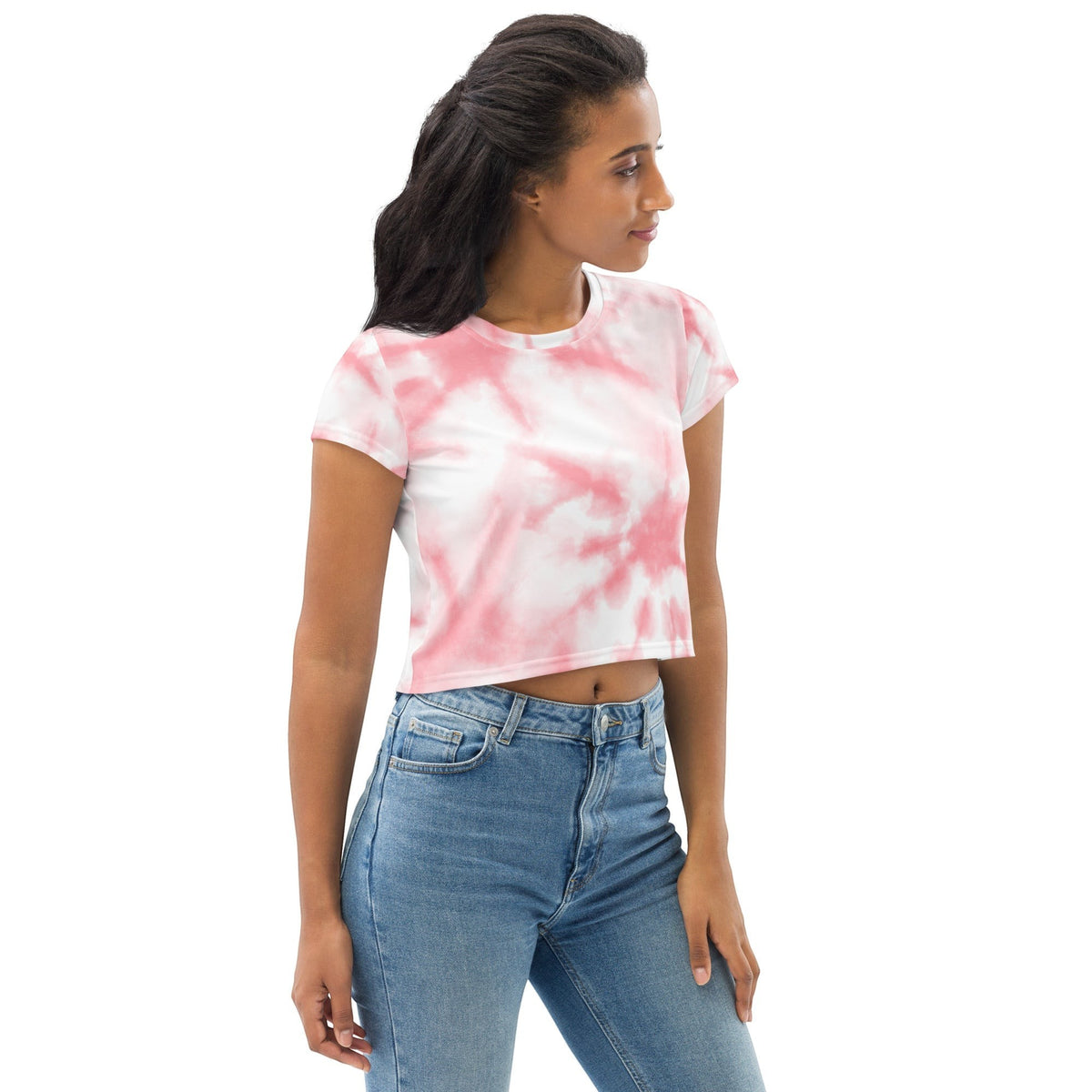 Good Wishes 365 pink and white tie-dye crew neck crop top worn by a woman with blue jeans