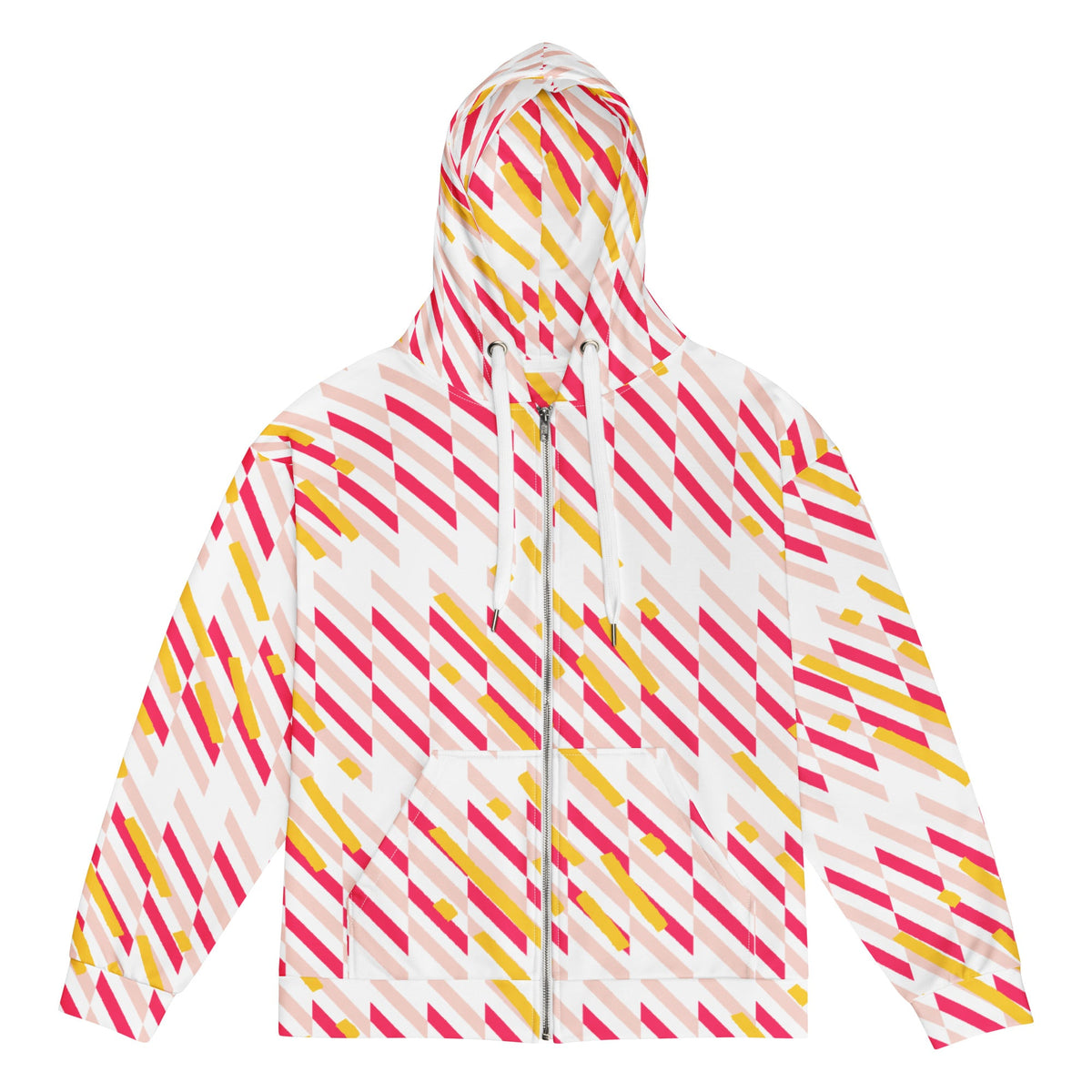 Good Wishes 365 recycled zip hoodie with a vibrant pink and yellow geometric line pattern and a cozy fleece lining.