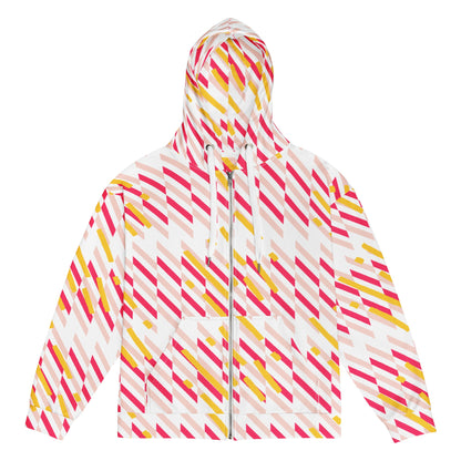 Good Wishes 365 recycled zip hoodie with a vibrant pink and yellow geometric line pattern and a cozy fleece lining.