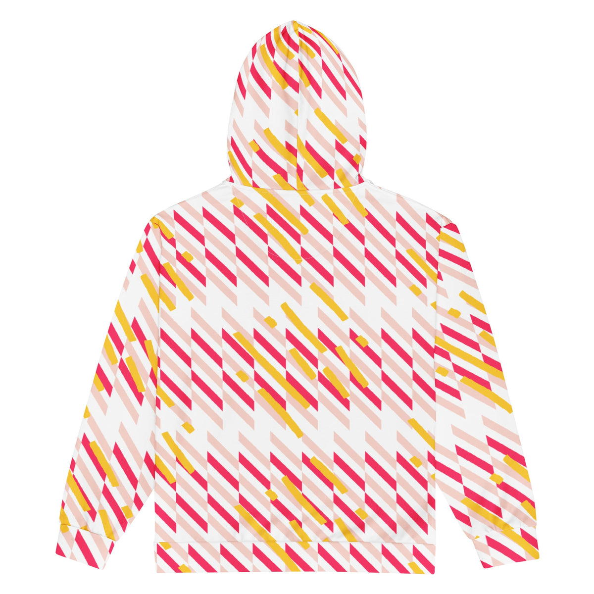 Good Wishes 365 recycled zip hoodie featuring a vibrant pink and yellow geometric line pattern on a white background.