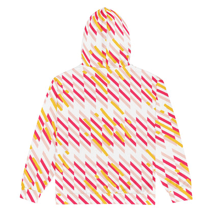 Good Wishes 365 recycled zip hoodie featuring a vibrant pink and yellow geometric line pattern on a white background.