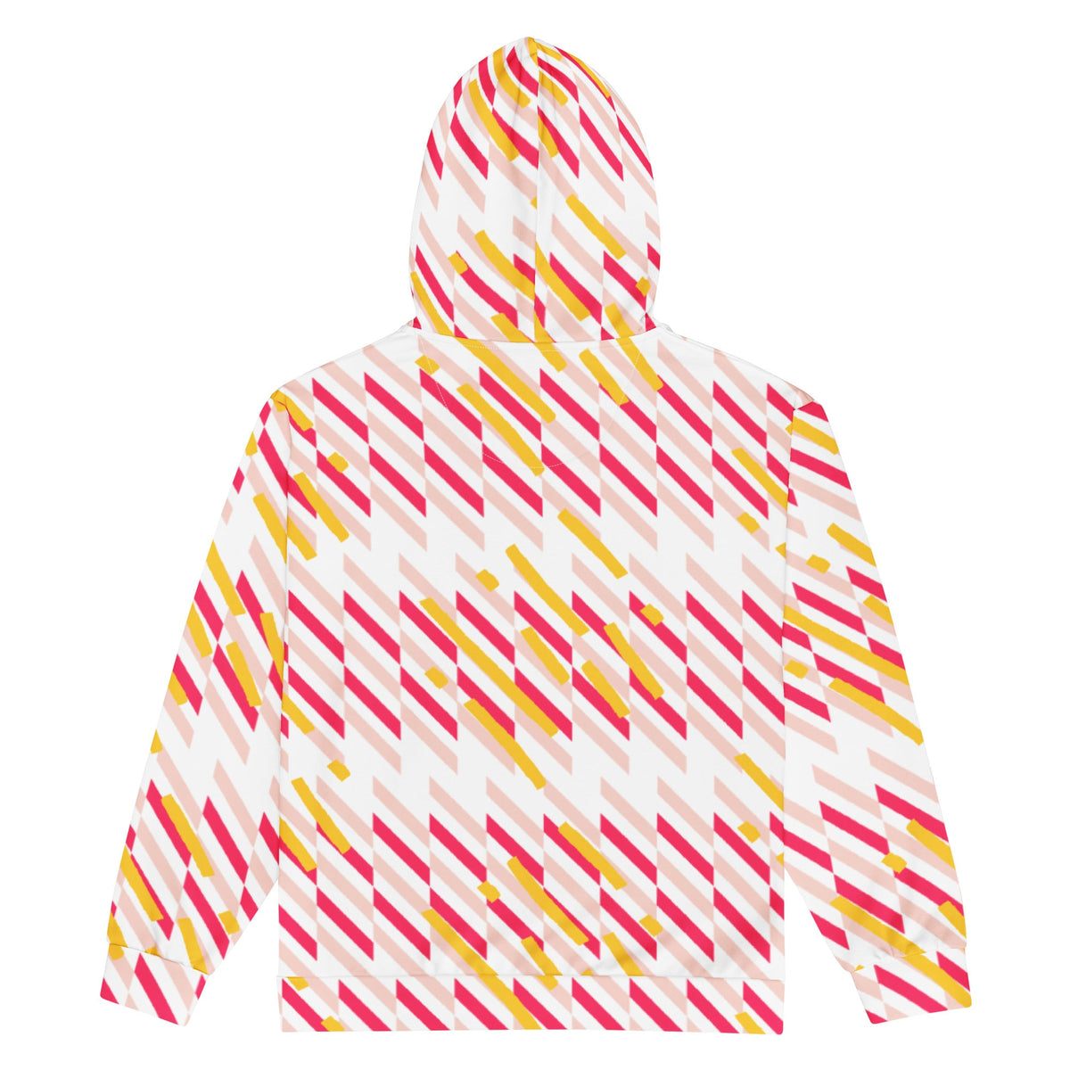 Back view of Good Wishes 365 unisex zip hoodie with pink and yellow geometric line print and brushed fleece lining.