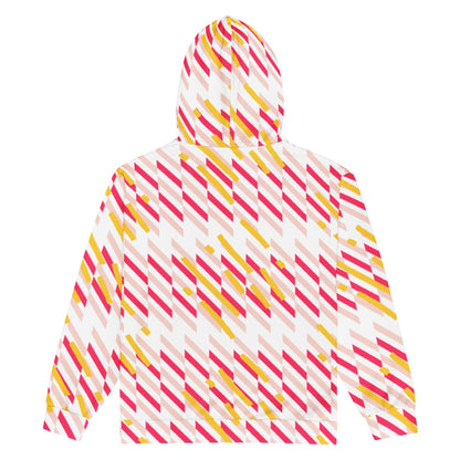 Back view of Good Wishes 365 unisex zip hoodie with pink and yellow geometric line print and brushed fleece lining.
