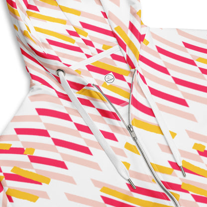 Good Wishes 365 recycled zip hoodie featuring a vibrant pink and yellow geometric line print on a white background.