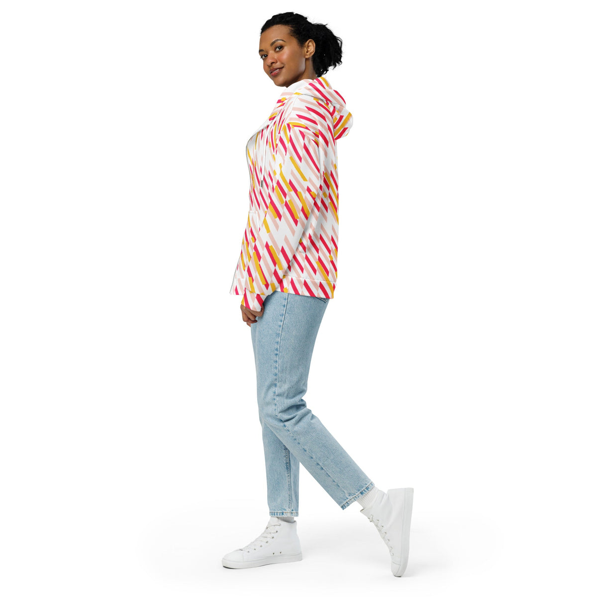 Good Wishes 365 unisex zip hoodie with pink and yellow geometric lines, worn by a model with light blue jeans.