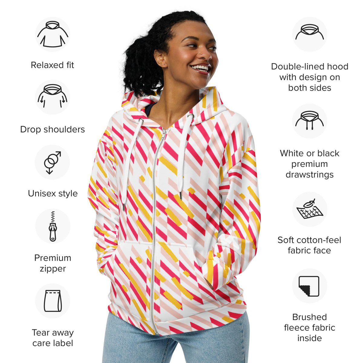 Good Wishes 365 unisex zip hoodie with pink and yellow geometric lines, featuring a fleece lining and drop shoulders.