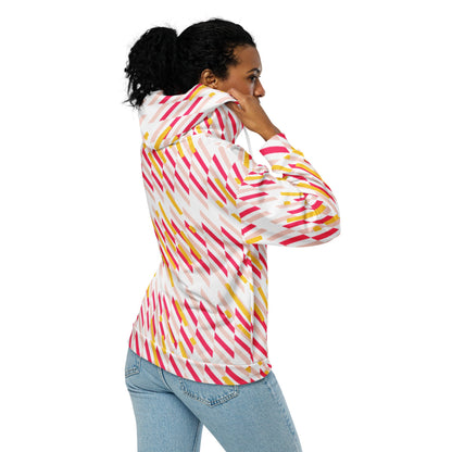 Good Wishes 365 pink and yellow geometric print recycled zip hoodie worn by a woman, side view