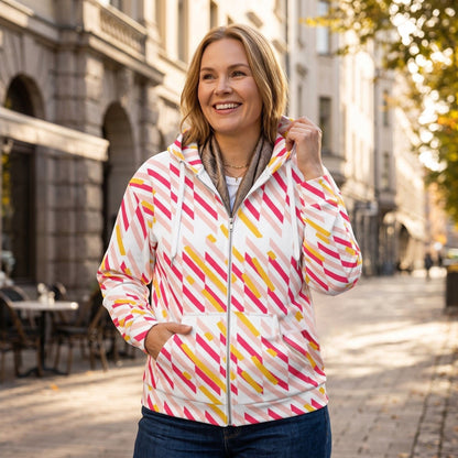 Good Wishes 365 women's zip hoodie with pink and yellow geometric lines, featuring a cozy fleece lining and hood.