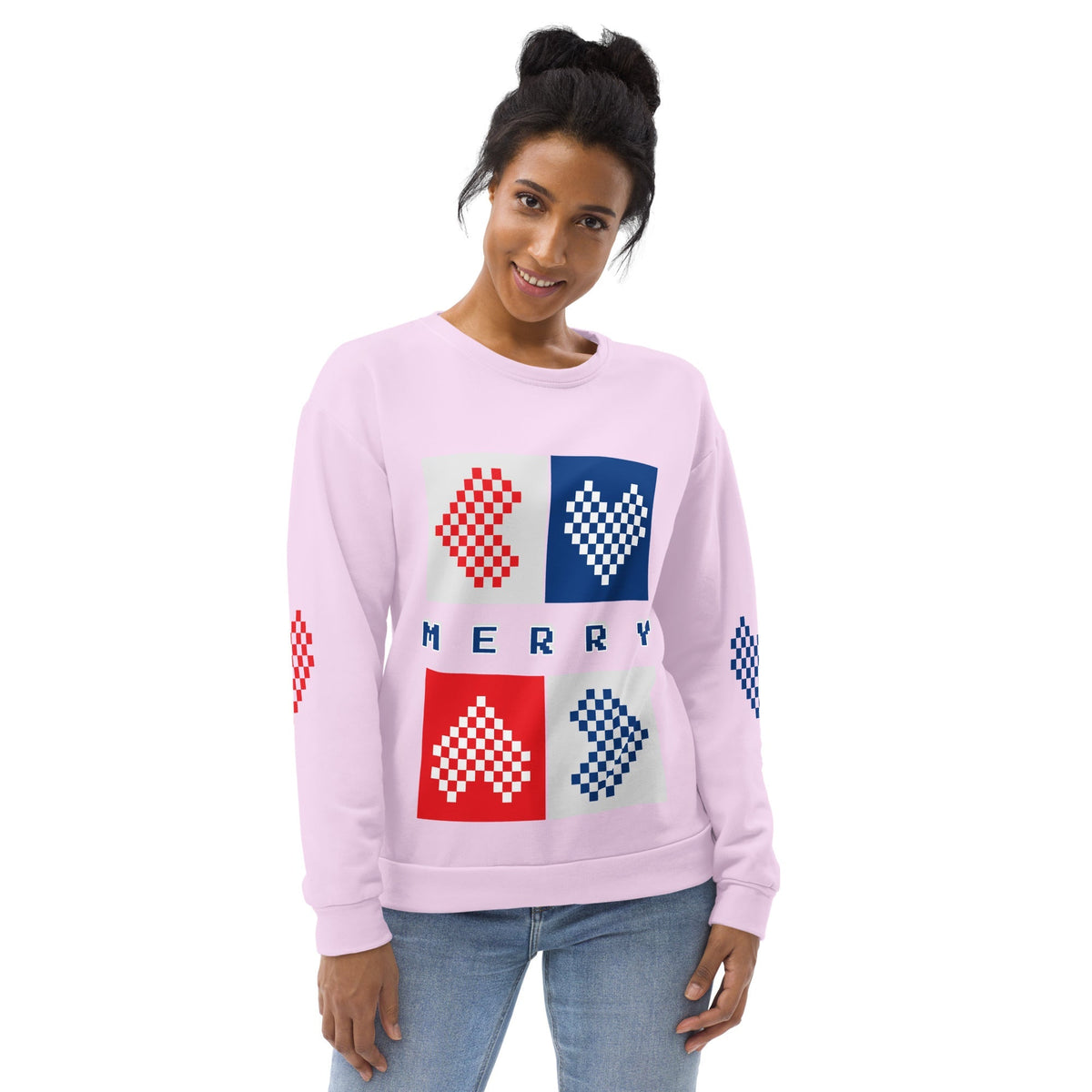Good Wishes 365 light violet-lavender recycled unisex sweatshirt with pixelated Merry hearts print on a smiling woman