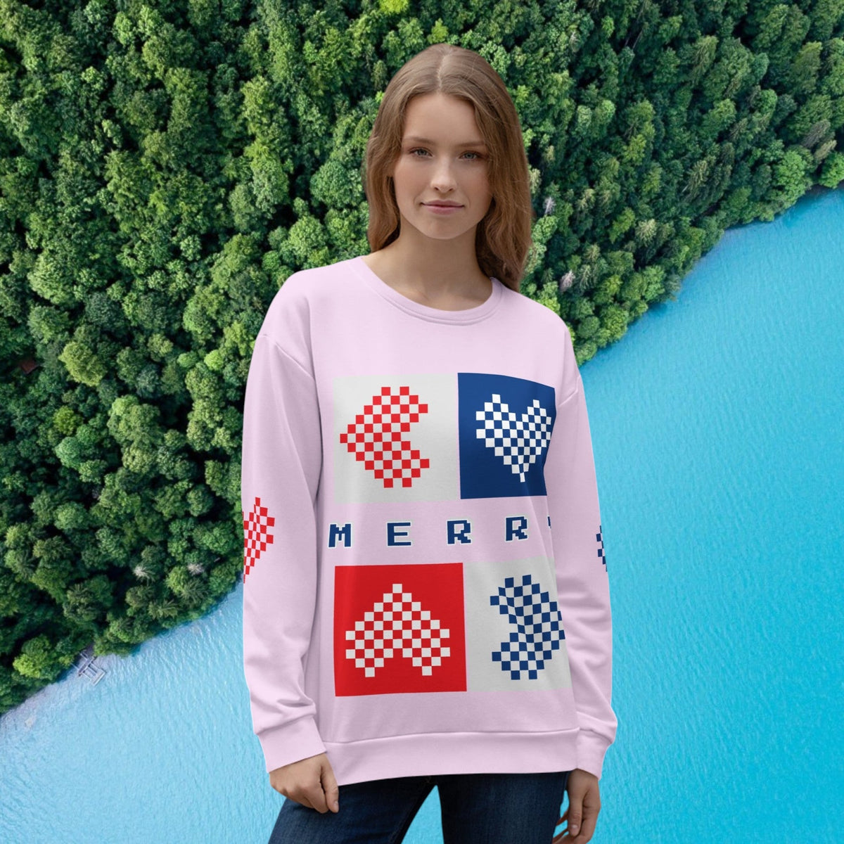 Good Wishes 365 light violet-lavender recycled unisex sweatshirt with pixelated Merry hearts print on a woman