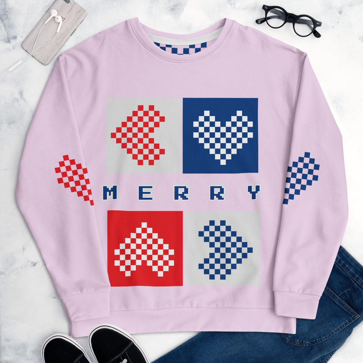 Good Wishes 365 light violet-lavender recycled unisex sweatshirt with pixelated Merry hearts print and crew neck