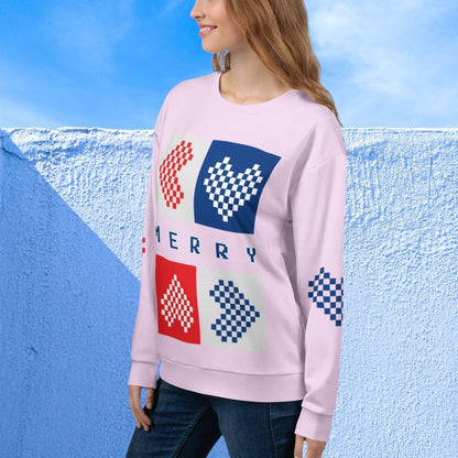 Good Wishes 365 light violet-lavender recycled unisex sweatshirt with pixelated Merry hearts print and crew neck