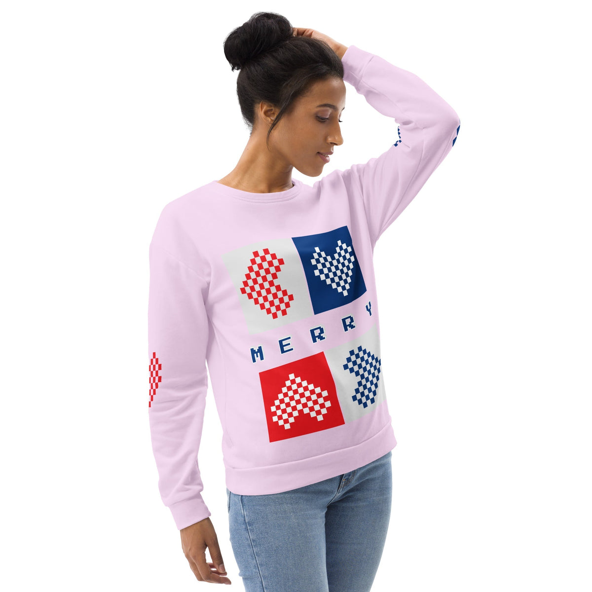 Good Wishes 365 light violet-lavender recycled unisex sweatshirt with pixelated Merry hearts print worn by a woman