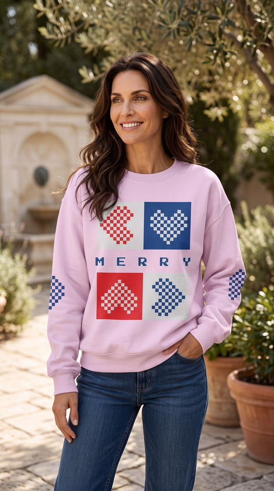 Good Wishes 365 light violet-lavender recycled unisex sweatshirt with pixelated Merry hearts print and crew neck