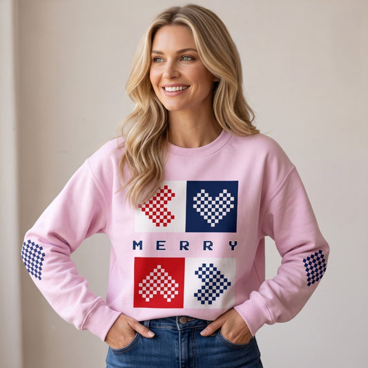 Good Wishes 365 light violet-lavender recycled unisex sweatshirt with pixelated Merry hearts print and elbow patches