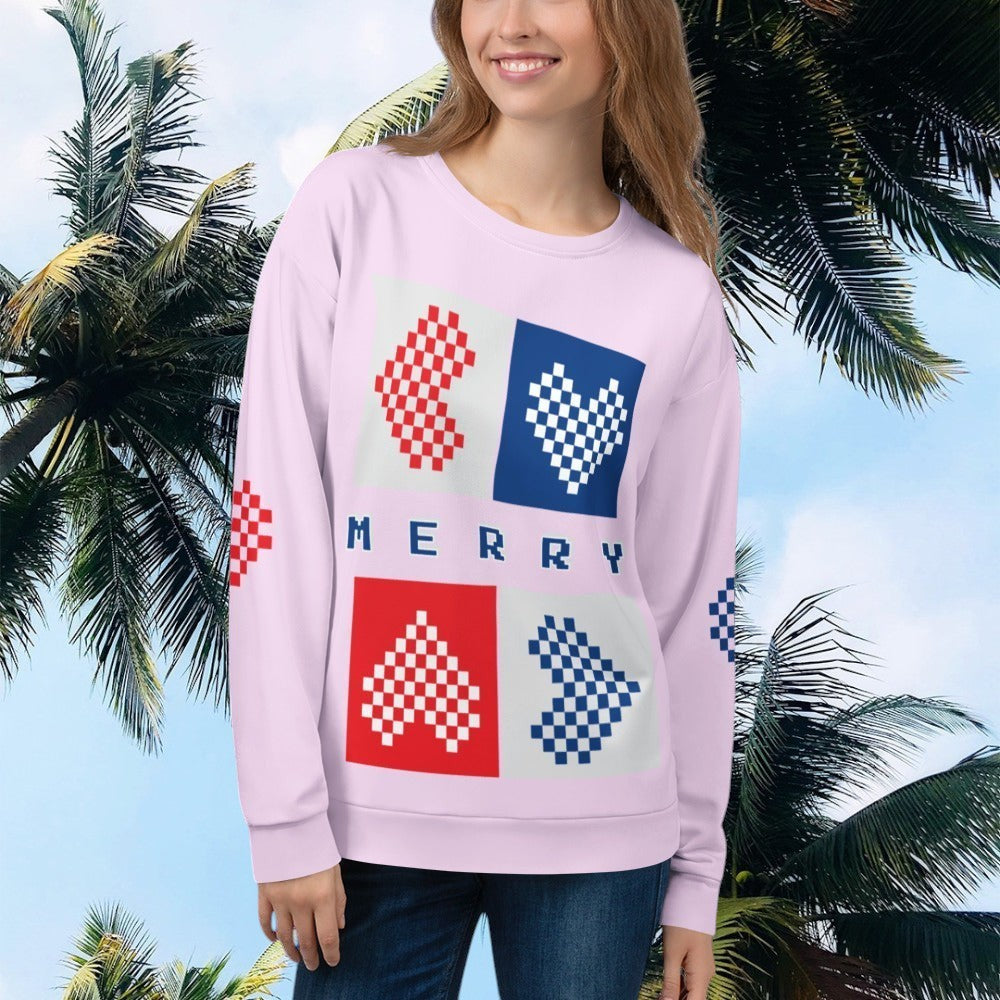 Good Wishes 365 light violet-lavender recycled unisex sweatshirt with pixelated Merry hearts holiday print
