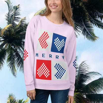 Good Wishes 365 light violet-lavender recycled unisex sweatshirt with pixelated Merry hearts holiday print
