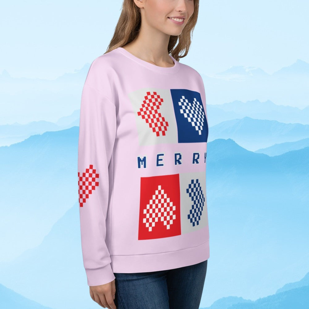 Good Wishes 365 light violet-lavender recycled unisex sweatshirt with pixelated Merry hearts print on a woman