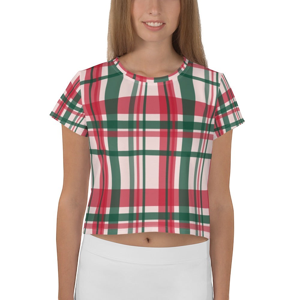 Good Wishes 365 crop tee featuring a festive red, green, and white plaid all-over print on soft stretch jersey fabric.