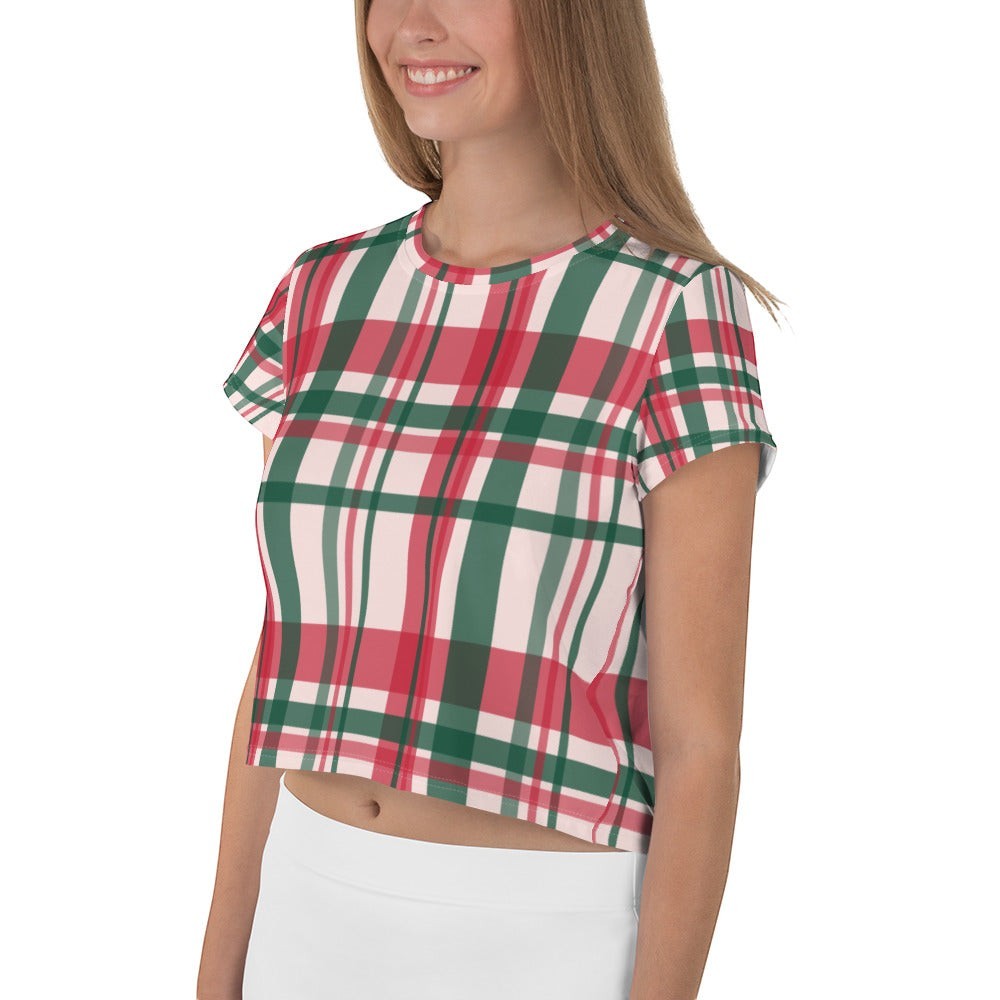 Good Wishes 365 women's crop tee featuring a festive red, green, and white plaid pattern in soft stretch jersey fabric.