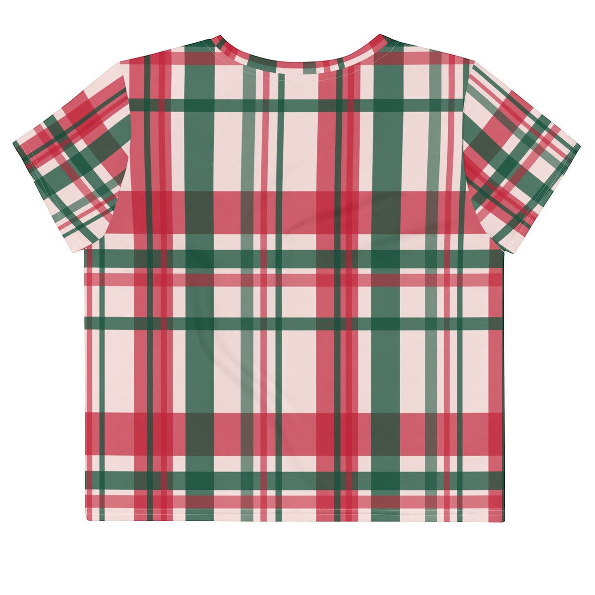 Good Wishes 365 crop tee featuring an all-over red, green, and white plaid pattern in a soft polyester jersey fabric.