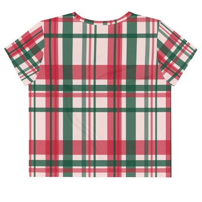 Good Wishes 365 crop tee featuring an all-over red, green, and white plaid pattern in a soft polyester jersey fabric.