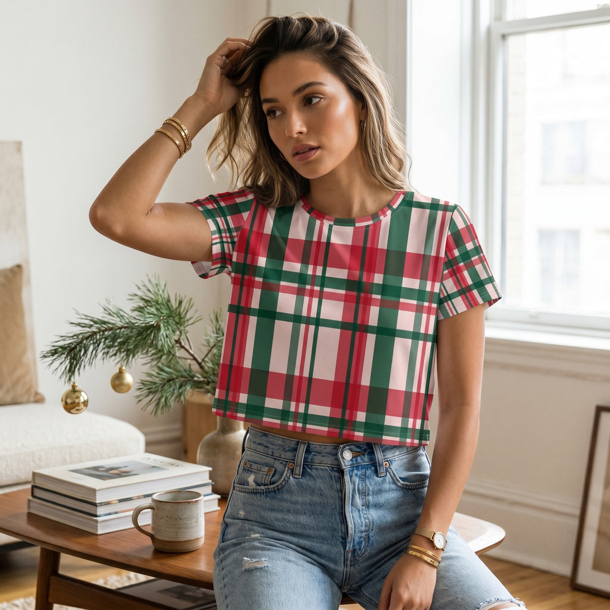Good Wishes 365 crop tee with red, green, and white plaid pattern worn by a woman with light brown hair.