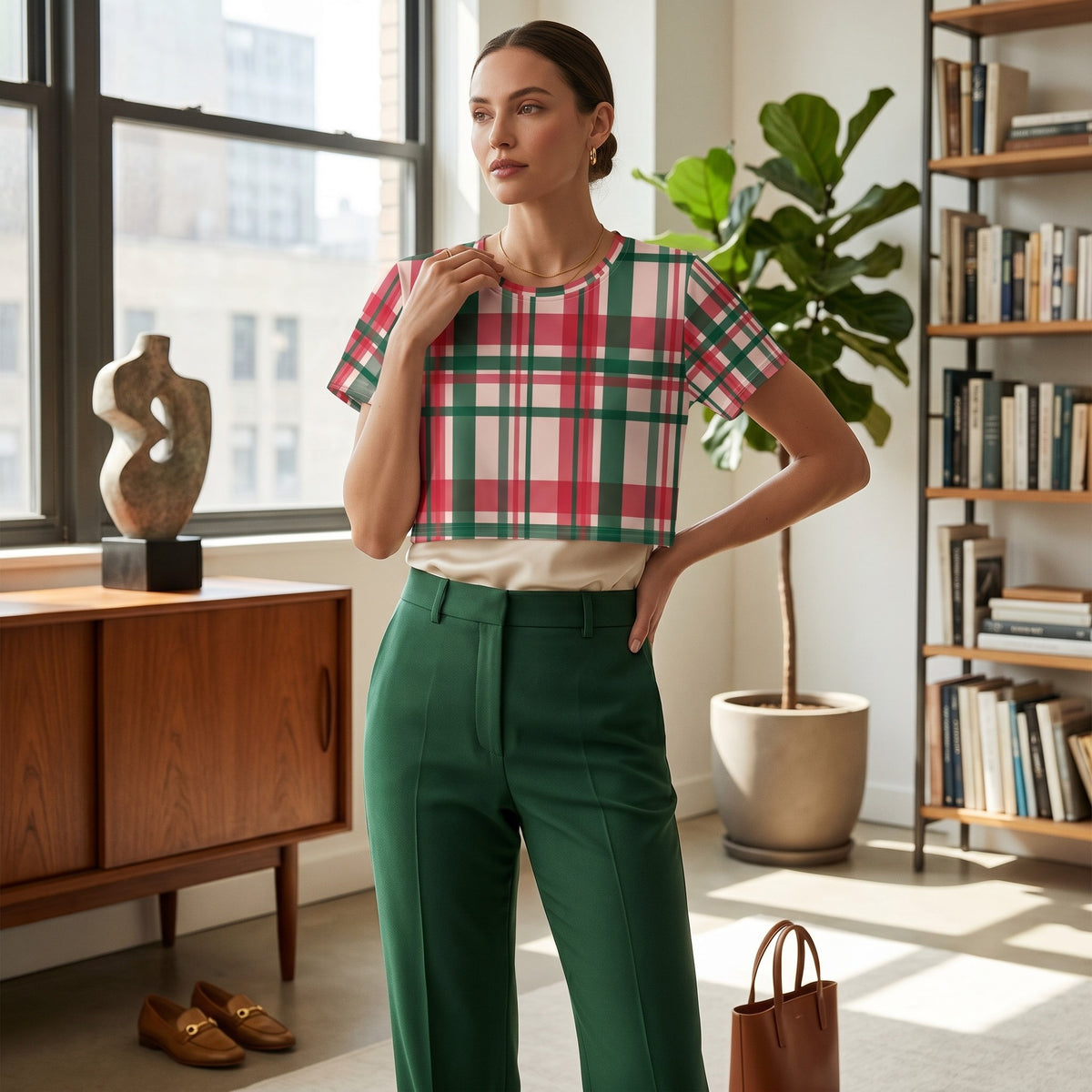 Good Wishes 365 crop tee with a pink, green, and white plaid pattern worn by a woman in a bright modern apartment.