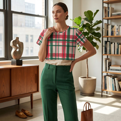 Good Wishes 365 crop tee with a pink, green, and white plaid pattern worn by a woman in a bright modern apartment.