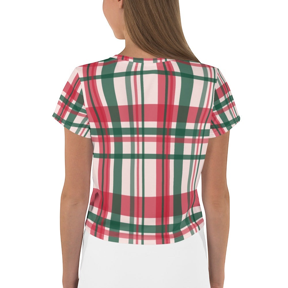 Good Wishes 365 women's crop tee featuring a red, green, and white plaid all-over print, viewed from the back.