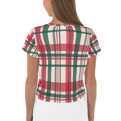Good Wishes 365 women's crop tee featuring a red, green, and white plaid all-over print, viewed from the back.