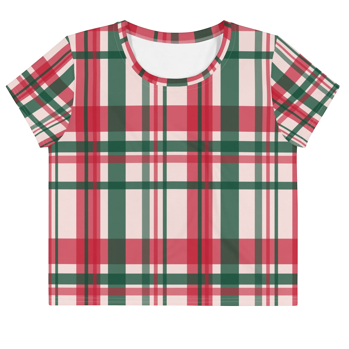 Good Wishes 365 crop tee featuring a festive red, green, and white plaid all-over print in stretchy jersey fabric.