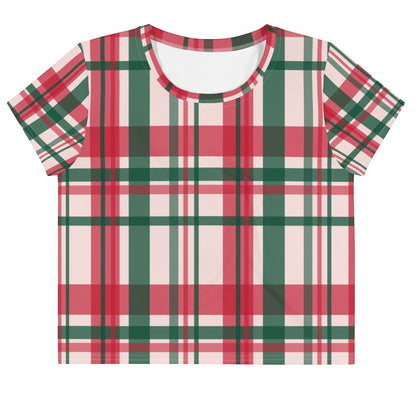 Good Wishes 365 crop tee featuring a festive red, green, and white plaid all-over print in stretchy jersey fabric.