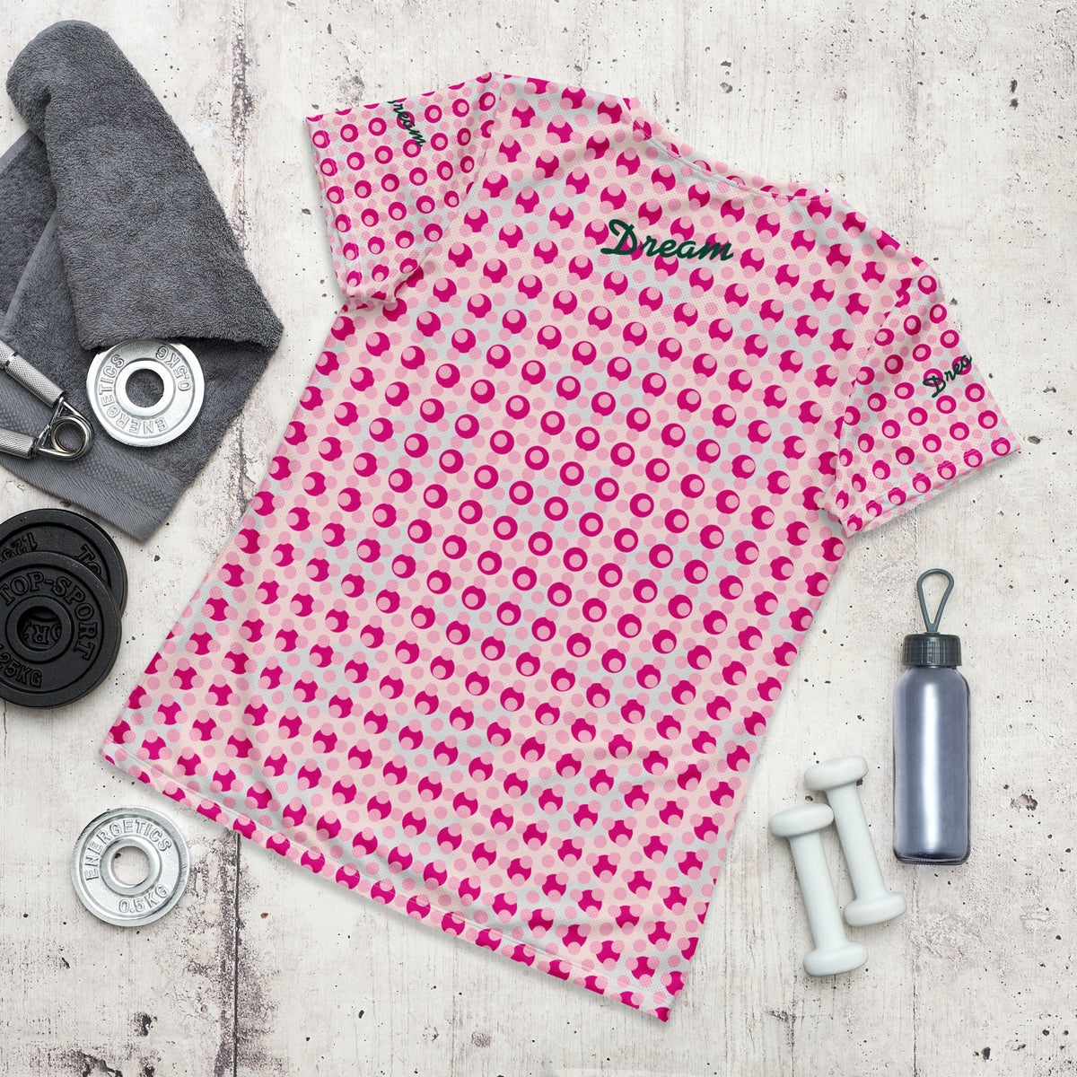 Good Wishes 365 athletic t-shirt in medium violet red and misty rose with a polka dot pattern and Dream text detail.