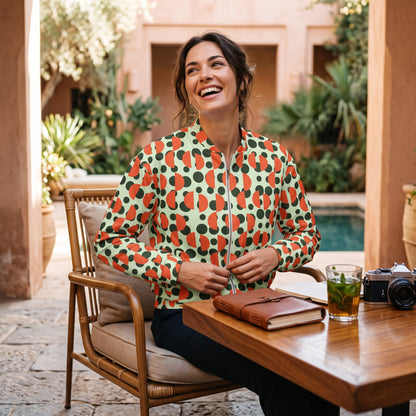 Good Wishes 365 unisex bomber jacket with green polka dot and orange semi-circle print, worn by a smiling woman.