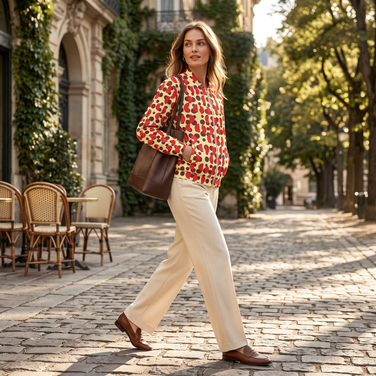 Good Wishes 365 bomber jacket with brown polka dots and red semi-circles, worn by a woman on a cobblestone street.