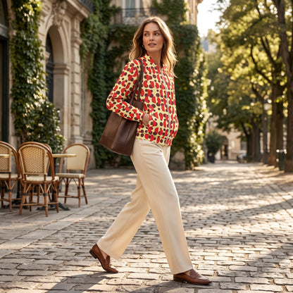 Good Wishes 365 bomber jacket with brown polka dots and red semi-circles, worn by a woman on a cobblestone street.