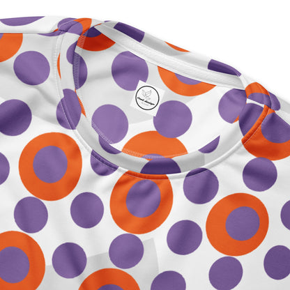 Good Wishes 365 recycled sweatshirt with a 70s pop art polka dot print in light purple and orange on white