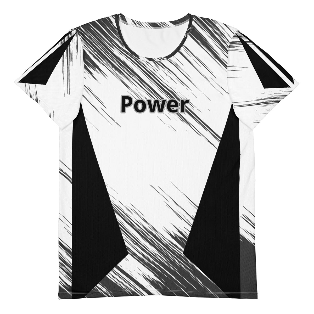 Good Wishes 365 men's athletic t-shirt in white and black with abstract graphic print and Power text on the chest.