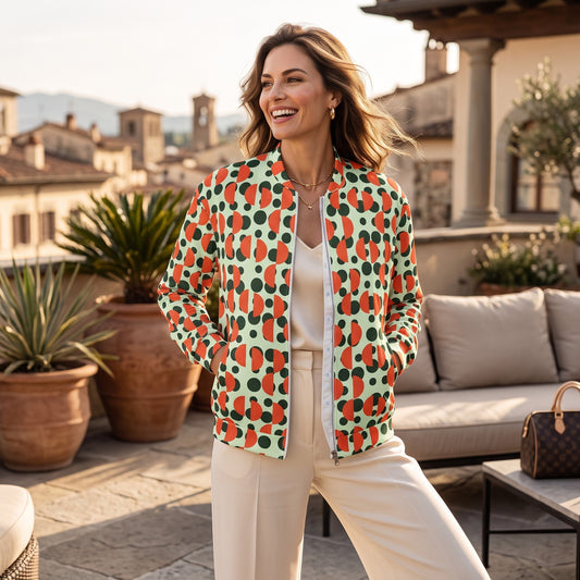 Good Wishes 365 unisex bomber jacket with green polka dot and orange semi-circle print, featuring a silver YKK zipper.