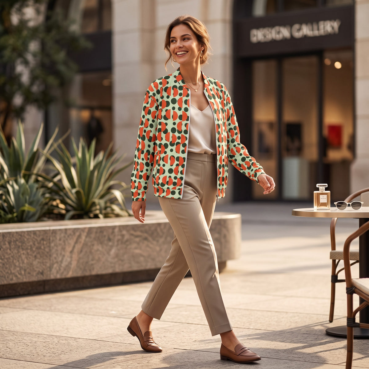 Good Wishes 365 unisex bomber jacket with green polka dot and orange semi-circle print worn by a woman outdoors